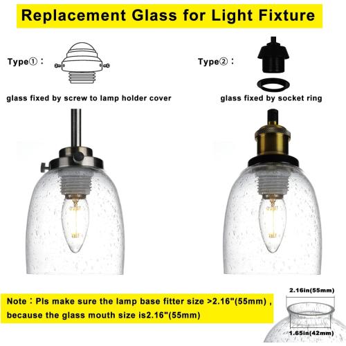 4 Pack Clear Seeded Glass Replacement Shades Covers for Ceiling Fan Light Fixtures Pendant Lighting Chandelier Vanity Light Kitchen Island Light, 2-1/8 Fitter, 5.47 High, 4.76 Diameter