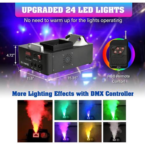 1500W Fog Machine for Halloween, DMX RGB 3 in 1 24 LED Smoke Machine Stage Lighting Vertical Spray with Remote Control