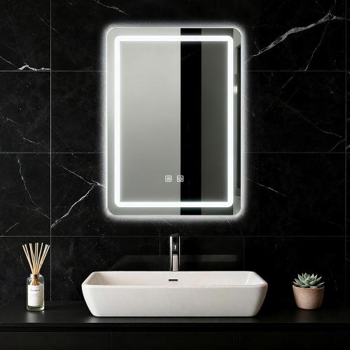 LED Bathroom Mirror, 16 x 24 Inch Anti-Fog Wall Mirror with Lights Stepless Dimmable, Lighted Bathroom Mirrors for Wall, Rectangle Bathroom Vanity Mirror with Front and Backlight, Vertically Only