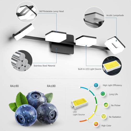 4 Light Acrylic Bathroom Light Fixtures, Modern Black Bathroom Vanity Light, Matte Black Wall Lighting Fixtures Over Mirror, Adjustable LED Vanity Light (White Light 5500K)