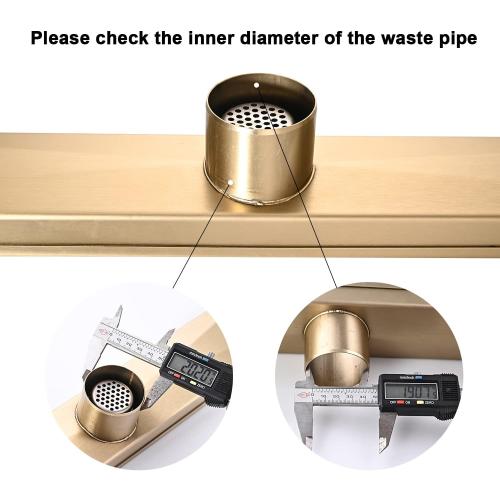 Linear Shower Floor Drain, Brushed Gold 48 Inch 304 Stainless Steel Bathroom Drains Kit, Rectangular Shower Trench Drain with Reversable Tile-in Pattern Drain Cover & Hair Catcher