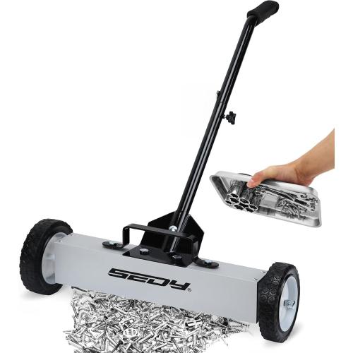 18-Inch Rolling Magnetic Sweeper with 9.5-inch Magnetic Trays, 45-Pound Capacity Telescoping Magnetic Pickup Lawn Sweeper, Adjustable Handle Pick-up Sweeper for Nails, Screws Workshop Garage Yard