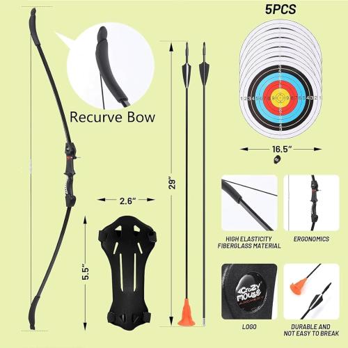 CrazyMouse Bow and Arrow for Teens Beginners Adults Recurve Bow Set 8 Arrows 5 Target Face Archery Longbow Kit Backyard Games Gift for Outdoor Sports