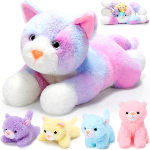 Skylety 5 Pieces Cat Stuffed Animal with Babies Inside Belly Pregnant Cat Plush Mommy Kitty with 4 Cute Fluffy Stuffed Kittens Easter Birthday Surprise Gifts(Colorful)
