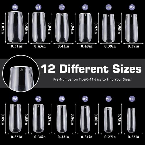 600pc Medium Square Nail Tips Fake Nails Press on Nails Clear Nail Tip Full Cover False Nails Artificial Fingernail, 12 Size Soft Gel Nail Tips Square for Acrylic Nail Gel Nail Extensions
