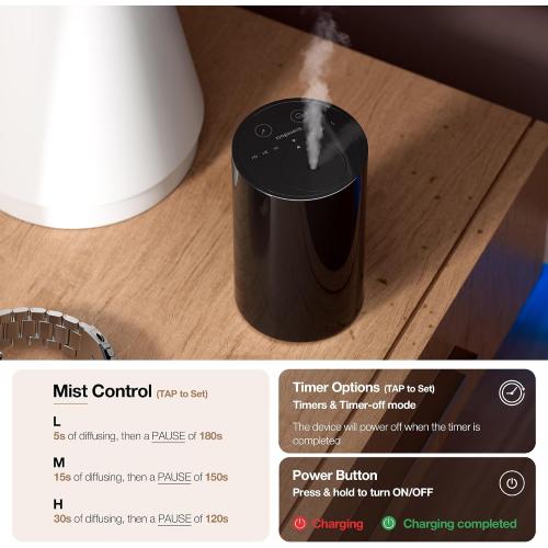 ANZ Waterless Diffuser for Essential Oil for Home, Room, Black | Up to 600 sq ft, Battery Operated, 20mL, Timers & Mist Levels, Car Diffuser, for Office, Bathroom, Cold Air, Portable