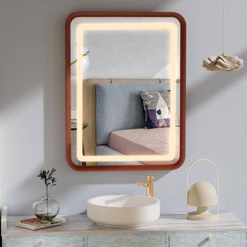 24x 32 Wood Frame LED Bathroom Mirror with Light, Lighted Bathroom Mirror Anti-Fog Dimmable Walnut Deep Wood Frame Vanity Mirror, Rounded Corner Rustic Farmhouse LED Mirror for Bathroom