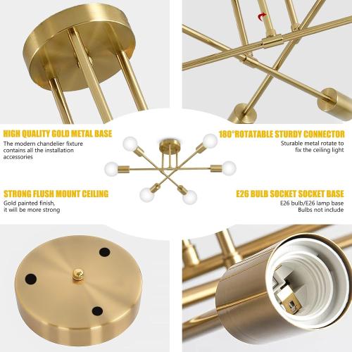 Gold Modern Sputnik Chandelier, 6 Light Flush Mount Ceiling Light Fixture, Mid Century Light Fixture Ceiling Mount for Kitchen Island Bedroom Dining Living Room Foyer UL Listed