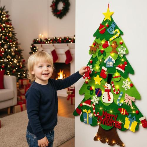 Felt Christmas Tree Set, Festive DIY Decoration, 98x69cm, Winter Holiday Children Activity Craft with String Lights, Felt Christmas Tree Set with Ornaments, Decorative for Wall Window