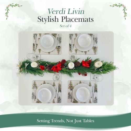 Cork Placemats Set of 4 with Matching Coasters, Heat Resistant, Rectangular 16.15 x 12.2 Inches, Non-Slip, for Dining Table, Christmas (Xmas Trees, Set of 4)