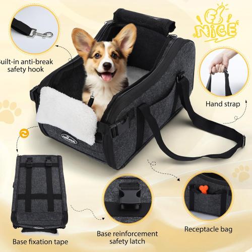 New Nobleza Dog Car Seat for Center Console, Detachable Console Pet Seat for Small Puppy Cat Kitten with Safety Protective Hooks, Adjustable Straps Storage Pocket & Safety Leash for Outdoor Travel