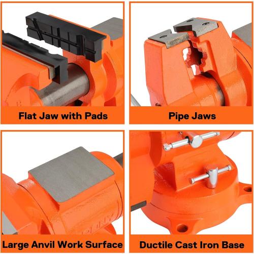 PONY Heavy Duty Bench Vise, 5-inch Jaw Width and Opening, 360-Degree Swivel Base With Anvil, Utility Combination Pipe Home Vise for Woodworking, One-Pair Vise Jaw Pad Included
