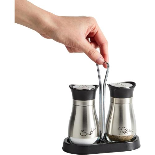 Juvale Stainless Steel Salt and Pepper Shakers Set with Holder, Refillable, Clear Glass Bottoms, Screw-Off Perforated S and P Caps for Kitchen Table Decor (4oz)