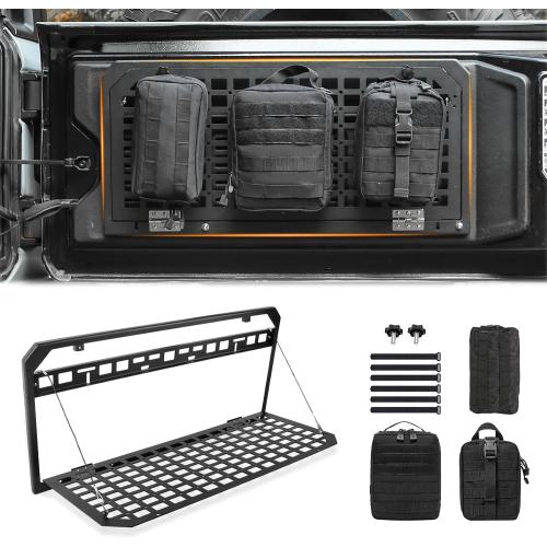 Tailgate Table Storage Rack Compatible with Jeep Wrangler 2007-2018 JK JKU & 2018-2025 JL JLU 4 Doors, Foldable Rear Cargo Shelf MOLLE Panel Camping Desk Organizer(Not fit with Low Speaker JK Models)