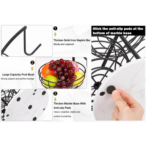 Livabber Fruit Basket Bowl with Banana Hanger, Metal Fruit Vegetable Storage Basket with Banana Holder for Kitchen Counter, Detachable Organizer for Bread Snack Produce (Black, 3-Tier Marble Base)