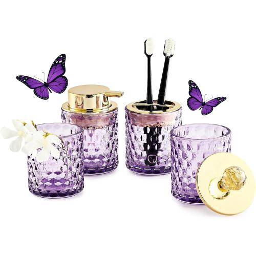 Purple Bathroom Accessories, 4Pcs Purple Bathroom Accessory Set Complete, Toothbrush Holder Set, Soap Dispenser, Qtip Holder, Tumbler, Perfect for Bathroom Decor and Vanity