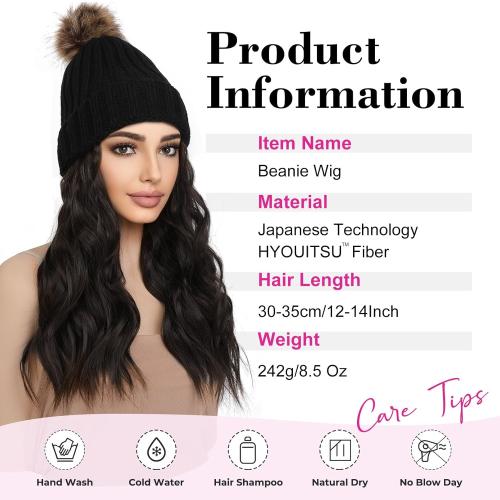 REECHO Warm Knitted Beanie Hat with 12 Beach Wavy Synthetic Hairpiece - Black Beanie, Black Brown Hair