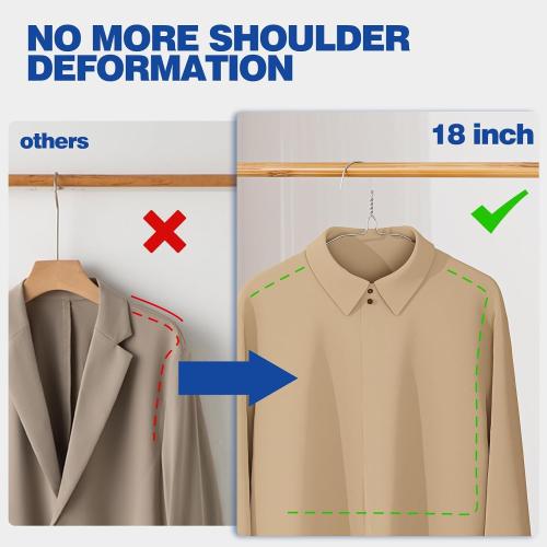18 Inch Wire Metal Clothes Hangers Bulk 100 Pack, Extra Long for Large Size Suits, Coats, Shirts, Pants, Skirts, Ultra Thin, Space Saving, Non Slip, Silver