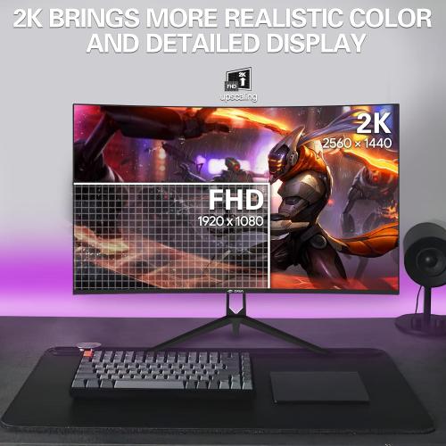 CRUA 27 Curved Gaming Monitor, QHD(2560x1440P) 144Hz/165Hz 99% sRGB Professional Computer Monitors, Support AMD FreeSync, Wall Mountable Installs(HDMI, DP)-Black