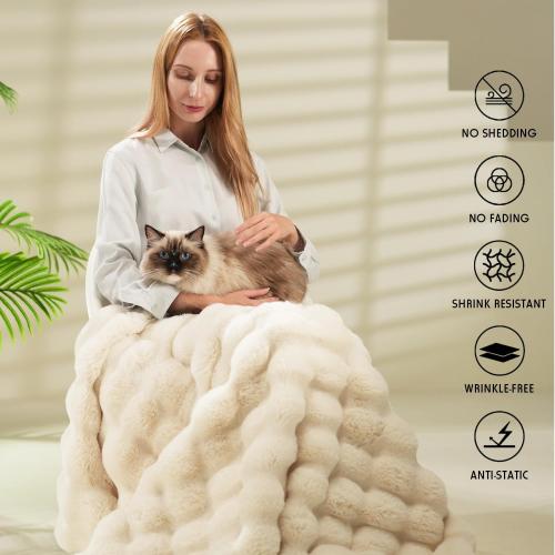 Super Comfort Oversized Warm Thick Bubble Luxury Plush Rabbit Faux Fluffy Blanket,Soft  for White, queen 90x90)