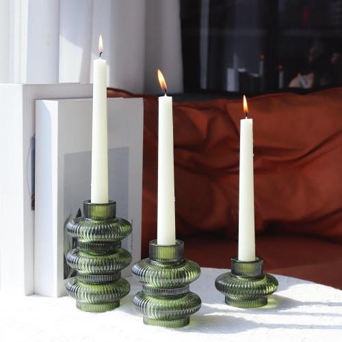 VOHO Green Candle Holder Decor for Dining Table Centerpiece, Ribbed Taper Candle Holders Versatile for Candle Sticks and Tea Lights Candles, Holiday Candlestick Holders Gifts for Friends(Set of 4)