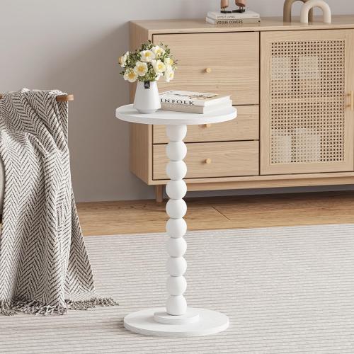 Small Round Side Table, Drink Table for Small Spaces, Pedestal End Table for Living Room, Modern Accent Nightstand with Solid Wood Leg for Bedroom, Corners and Office White Color UTBT005W