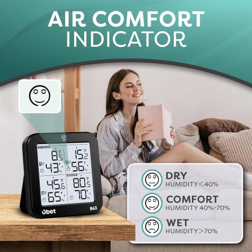 OBET Weather Station Wireless Indoor Outdoor Thermometer Wireless, Digital Temperature and Humidity Monitor with 3 Sensors, Adjustable Backlight, USB Port (500 Feet)