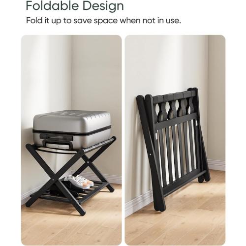 2 Pack Fully Assembled Black Bamboo Luggage Racks with Shoe Shelf, 5 Straps Folding Suitcase Stand, Heavy Duty Luggage Holders for Guest Room, Bedroom, Hotel