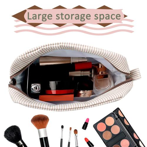 GFU Cosmetic Bags for Women, Seersucker Cosmetic Bag, Travel Toiletry Stripe Makeup Bag, Large Women Aesthetic Organizer Storage Pouch, Girls Handbags Purses, brown/white