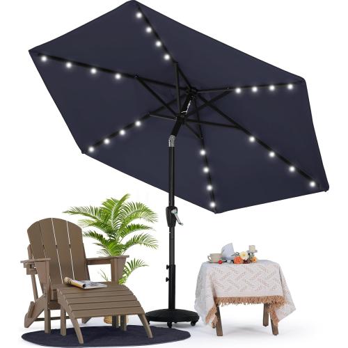 MASTERCANOPY 7.5FT 6Ribs Patio Umbrella with 32 Solar LED Lights, Outdoor Market Umbrella with Tilt & Crank, UV Protection & Fade Resistant Fabric, Easy Set-Up for Garden, Deck, Pool (Navy Blue)