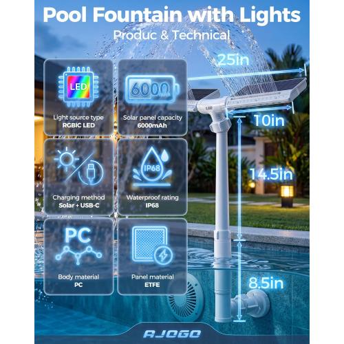Solar Pool Fountain with Lights, Dual-Head Adjustable Spray & Timer, Remote Control, Auto Dusk Sensor, 10-Color LED Modes & 15°F Cooling Spray for Above & Inground Pools
