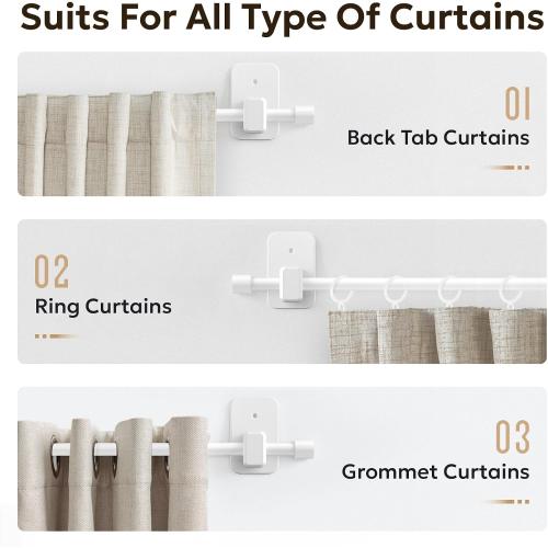 Curtain Rods No Drilling for Windows, 5/8″ No Drill/Adhesive Holder white Curtain Rod Brackets, Renter Friendly Adjustable Drapery Pole Easy Install, white, 32″-72″