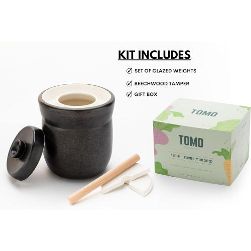 TOMO Fermentation Crock with Weights - Ceramic Sauerkraut Pickling Crock - Stoneware Kombucha Brewing (3L)