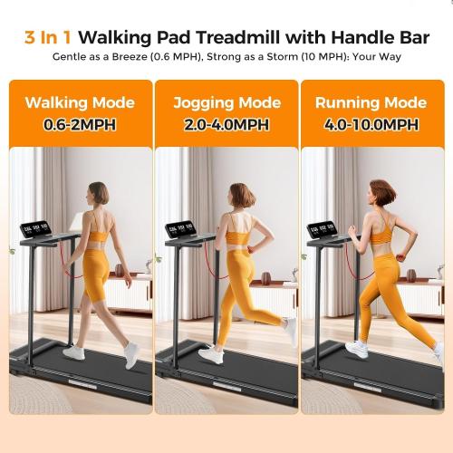 Portable Foldable Treadmill with Handle Bar Walking Pads for Home | 3.5HP Electric Mini Treadmill with Handle Bar for Home Small, 0.6-10.0MPH Walking Pad Treadmill for Home Exercising, 400LBS