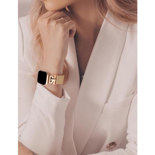 Stainless Steel Magnetic Loop Compatible with Apple Watch Band 38mm 40mm 41mm 42mm Women Metal Mesh D-shaped Clasp Strap for iWatch SE Series 10/9/8/7/6/5/4/3/2/1/Ultra(1/2) Rose Gold