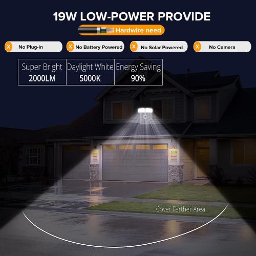 UME 19W LED Security Lights Motion Sensor Light Outdoor, 2000LM Motion Flood Light, 5000K, IP65 Waterproof, 2 Adjustable Head Motion Detector Security Light for Exterior,Outside,Garage,Yard(White)