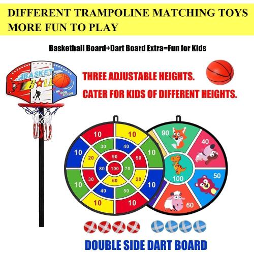 LANGXUN 60 Trampoline for Kids, 5ft Toddler Mini 6-in-1 Trampoline Indoor Outdoor with Swing, Basketball Hoop, Dart Board, Gymnastics Bar, Rings, Christmas Toys Birthday Gifts for Girls Boys Age 3-8