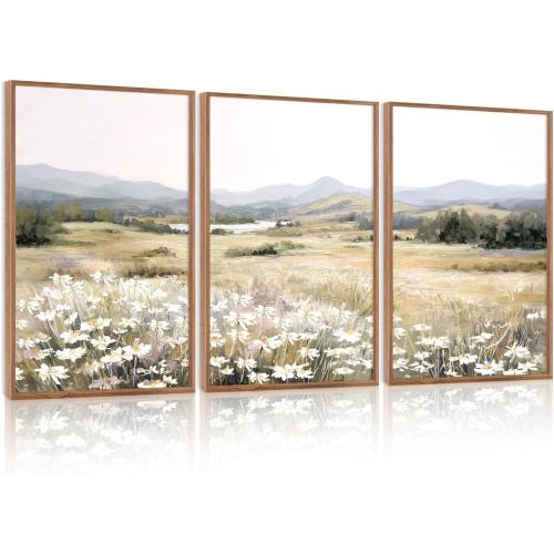 KAIRNE Landscape Canvas Wall Art,Boho Floral Prints Set of 3(16”X24”),Flower Garden Paintings,Wildflower Field Scene Wall Decor,Botanical Art for Living Room Bedroom Kitchen Farmhouse Decor,Framed