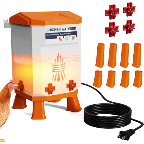 Heated Chicken Waterer 3.2 Gallon, Chicken Water Heater for Winter, Freeze Proof Chicken Waterer, 4 Nipples for Clean Water，Detachable Legs, Adjustable Height for Chickens, Pigeons, Beaked Poultry