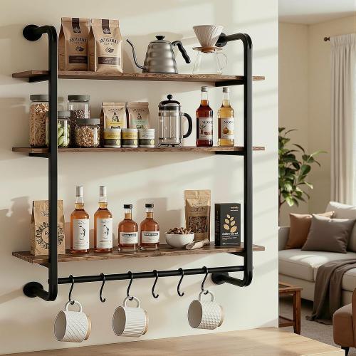 3 Tier Industrial Pipe Floating Shelf, 24 Kitchen Wall Shelves with Towel Bar & 6 Hooks, Coffee Bar Shelves Display Bookshelf Wall Shelf for Kitchen, Bathroom, Home Décor, Rustic Brown