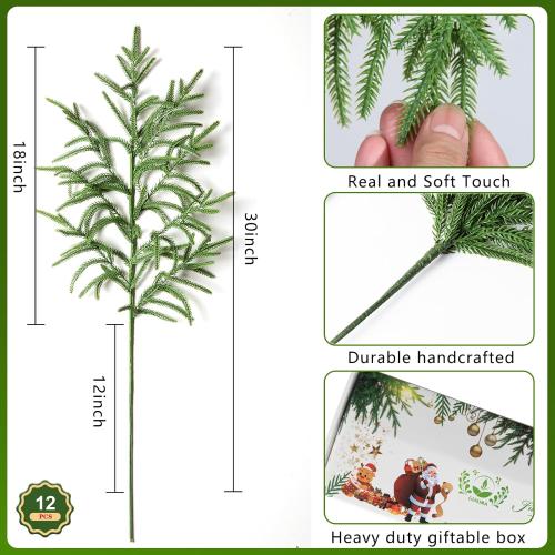 12 Pcs 30 Inch Artificial Norfolk Pine Stems Faux Christmas Greenery Pine Branches Realistic Fake Evergreen Cedar Pine Picks Winter Greens for Vase DIY Garland Wreath Holiday Home Decor
