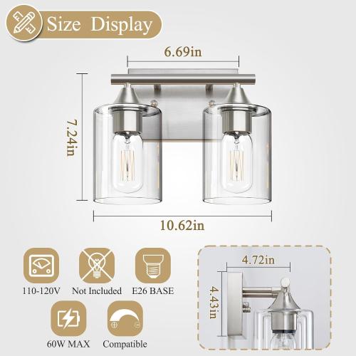 Bathroom Vanity Light Fixture, 2-Light Brushed Nickel Over Mirror, Modern for Bedroom Vanity Table Hallway