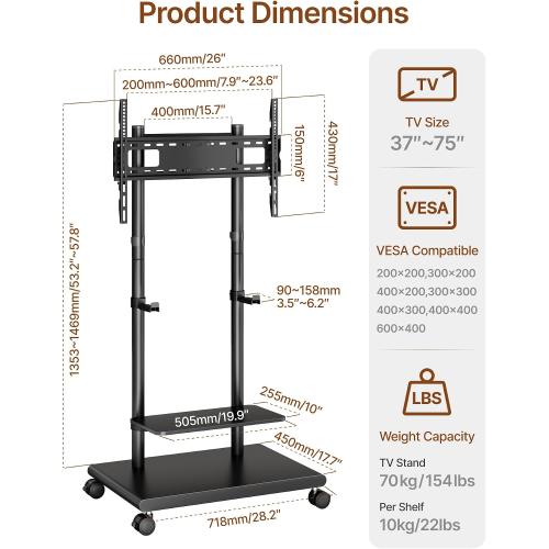 Rolling TV Stand with Soundbar Mount for 37-75inch TVs up to 154lbs | Swivel&Tilt Mobile TV Stand with Large Storage,Height Adjustable,Steel Base,Max VESA 600x400mm,Sturdiness,Easy Assembly,Black