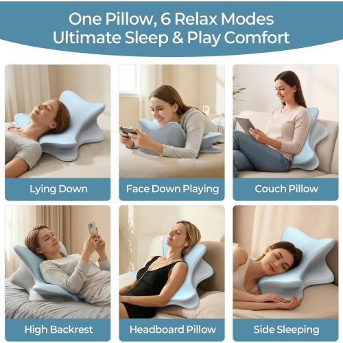 Cervical Neck Pillow for Pain Relief, Ergonomic Reading Pillow for Bed, Orthopedic Wedge Pillow Back Support Pillow, Contour Memory Foam Pillows for Sleeping, Couch Floor Use Lying Reading (Blue)