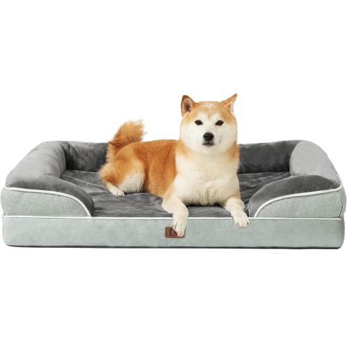EHEYCIGA Orthopedic Dog Beds for Large Dogs, Waterproof Memory Foam Large Pet Bed with Sides, Non-Slip Bottom and Egg-Crate Foam Dog Couch Bed with Washable Removable Cover, Greyish Green