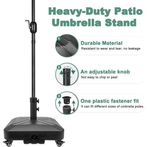 Patio Umbrella Base Heavy Duty with Wheels Square Market Stand for Outdoor 4 Locks 2 Knobs 125lb Capacity, Black