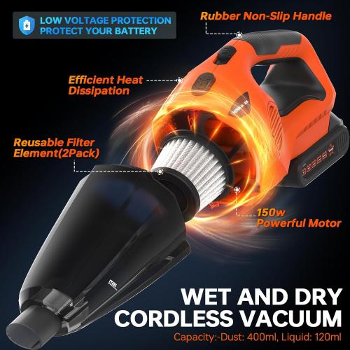 THINKWORK Handheld Vacuum Cordless 20V with Battery, Strong Suction Powerful Handheld Vacuum Cordless 150W Motor, Portable Shop Vac Wet/Dry with HEPA Filtration for Floor, Carpet