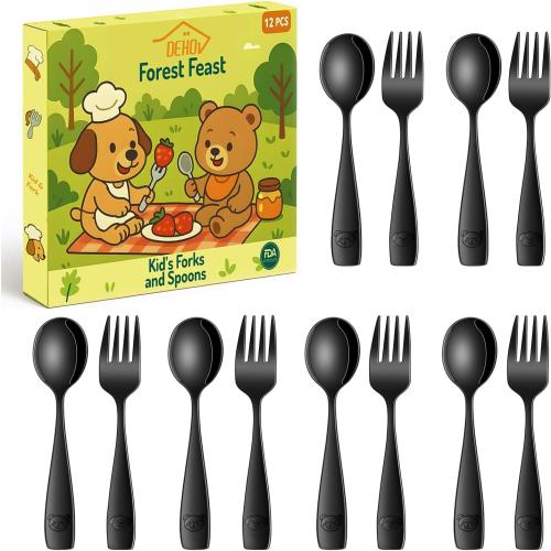 DEHOV Black Toddler Eating Utensils Set,Set Of 12 Food Grade Stainless Steel Silverware Sets For Kids,Dishwasher Safe Children Small Metal Spoons And Forks Flatware Sets