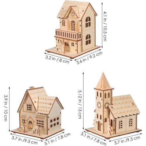 3 Pcs Christmas Village Houses: Led Light Wooden House with Battery, Unfinished Rustic Holiday Village Decor - Perfect for Christmas Table Centerpieces, Xmas Party Decorations,DIY Crafts
