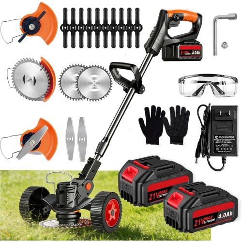 21V Cordless Weed Wacker, 2×4.0Ah Battery Powered Weed Trimmer, Electric Weed Eater with 3 Types Blades, Adjustable Cutting Height & Angle, Brush Cutter & Edger Lawn Tool for Garden Yard Care
